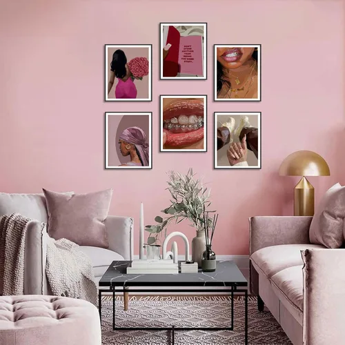 Miniatura 7 de Conjunto de pósteres de mujer negra de 6, arte de pared de mujeres afroamericanas de moda, pinturas decorativas abstractas para recámara y sala
