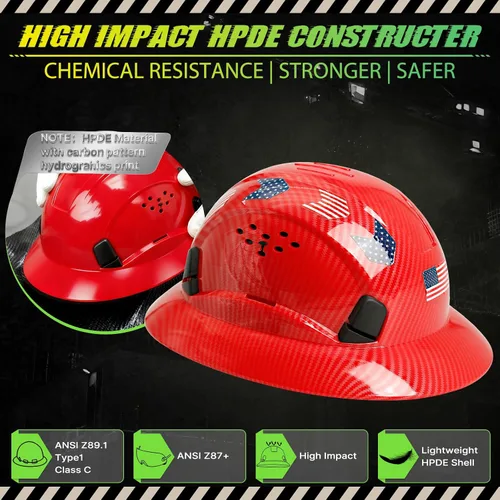 Miniatura 2 de Casco duro de ala completa con patrón de fibra de carbono con visera, casco de seguridad de construcción aprobado por la OSHA para hombres y Fibra