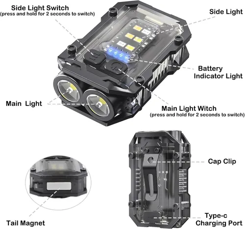 Miniatura 7 de Paquete de 2 llaveros EDC - Mini llavero de luz súper brillante con clip para sombrero, base magnética, luces de flash de bolsillo pequeñas