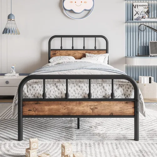 Miniatura 3 de Base de cama de metal con listones de acero resistente, tablero de mesa y estribo, no necesita somier, fácil montaje para sala de estar