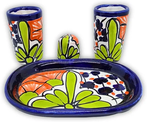 Miniatura 5 de Juego de vasos de chupito de tequila Talavera con bandeja y salero (juego de 2) - Diseño de flores verdes - Juego de regalo mexicano auténtico Flor