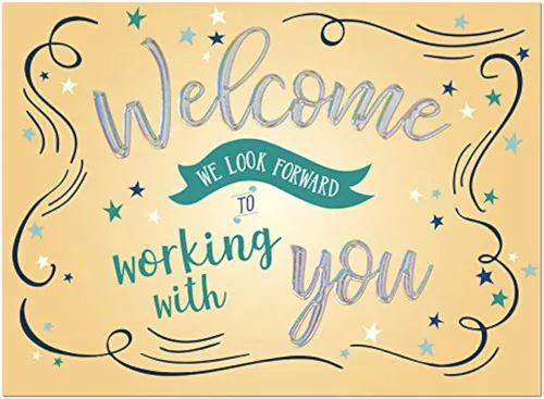 25 tarjetas de bienvenida para empleados – divertido diseño tipográfico con relieve holográfico plateado – 26 sobres blancos – FSC Mix