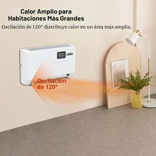 Miniatura 5 de Calentador de espacio montado en la pared con termostato ECO y control remoto, pantalla LED, modos de oscilación de 60°/90°/120°, temporizador de 24
