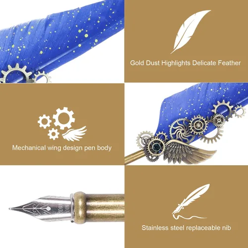Miniatura 3 de NC Juego de tinta de plumas, incluye 5 botellas de tinta y 6 puntas reemplazables, bolígrafo mecánico para escribir, letras, diario, firma, Azul