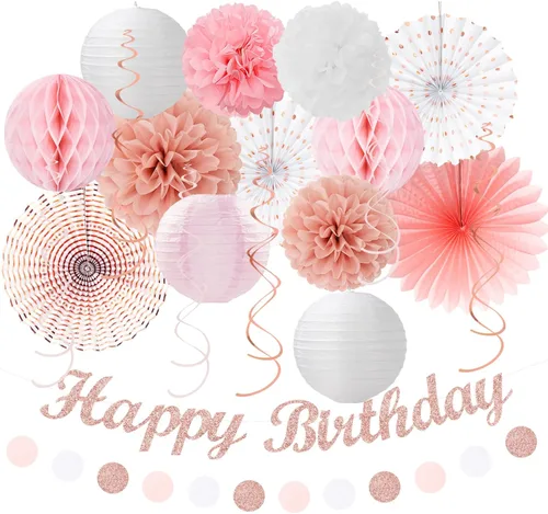 Miniatura 14 de Paquete de decoración de fiesta de cumpleaños para mujeres y hombres - 21 piezas. Banner feliz, papel de banderines, linternas de panal, pompones