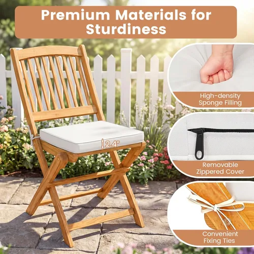 Miniatura 5 de Giantex Juego de 3 piezas de mesa plegable de madera, 2 sillas acolchadas para jardín, muebles de exterior mesa redonda (natural y beige)