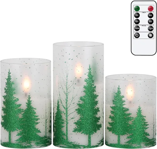 Wondise Velas parpadeantes de vidrio sin llama con control remoto y temporizador, velas LED de mecha 3D que funcionan con pilas, árbol de Navidad