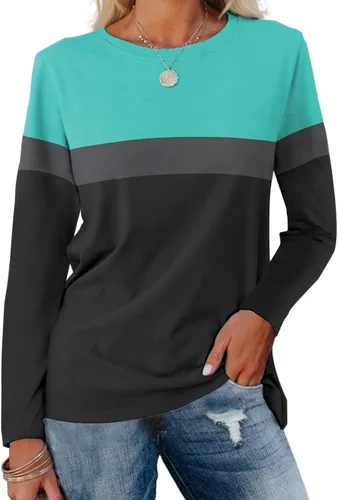 Minetom Blusa tipo túnica de bloque de color para mujer, estilo casual, manga larga, cuello redondo