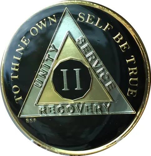 Miniatura 5 de Blue Star Press 2 años Classic Black AA Medallion Sobriety Chip Tri Plate chapado en oro y níquel