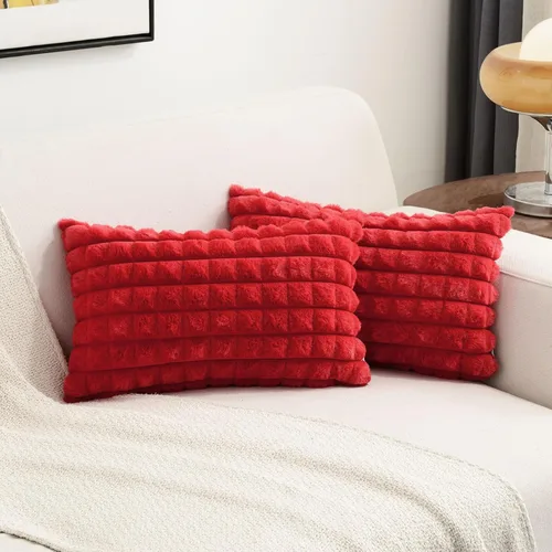 Miniatura 27 de FUTEI Juego de 2 fundas de almohada decorativas burdeos de 22 x 22 pulgadas, fundas de cojín cuadradas color rojo vino, a cuadros de piel sintética