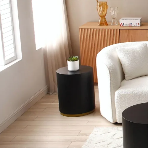 Miniatura 3 de KEVINSPACE Mesa auxiliar negra con borde dorado en la parte inferior, mesa de centro redonda para espacios pequeños, mesa auxiliar de madera mesita