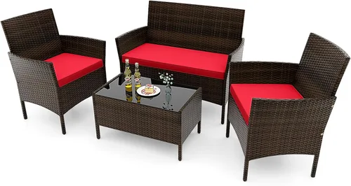 Miniatura 28 de RELAX4LIFE Juego de muebles de patio de 4 piezas – Juego de muebles de ratán para conversación al aire libre con cojines, mesa de centro de cristal