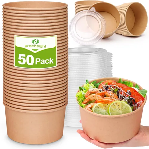Miniatura 7 de Greensight Cuencos de papel grandes de 32 onzas con tapas, paquete de 50 unidades, desechables, biodegradables para ensaladas, sopas, alimentos