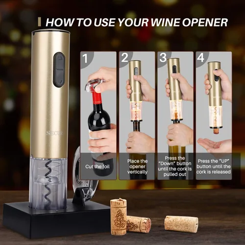 Miniatura 3 de Secura Abridor de vino eléctrico, sacacorchos automático de botellas con cortador de papel de aluminio, recargable (oro champán)