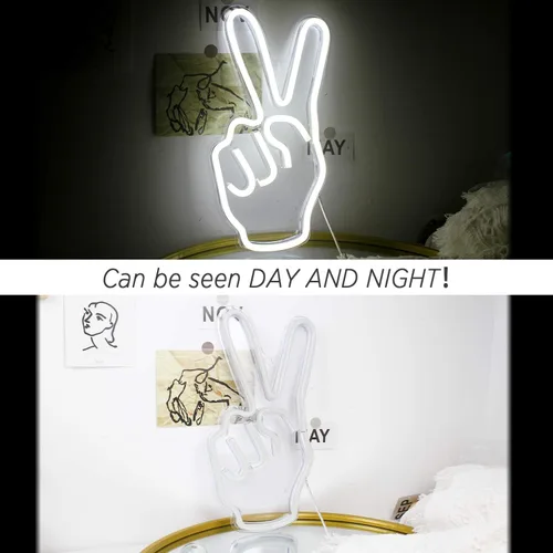 Miniatura 4 de ineonlife Decoración de Letrero de Paz de Neón, Letreros LED de Neón de Paz, Letrero de Pared con Signo de Paz con Dedos de 15'' x 8'', Gesto