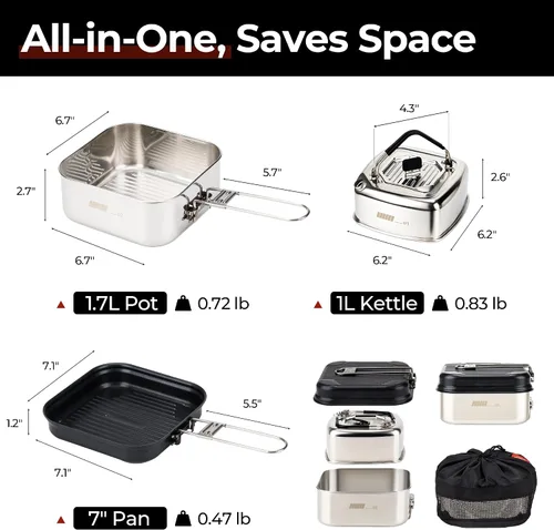 Miniatura 5 de Alocs Camping Cookware Set - Lightweight Camping Pots and Pans - Portable Outdoor Cookware with Kettle - Camping Cookware Mess Kit for 2