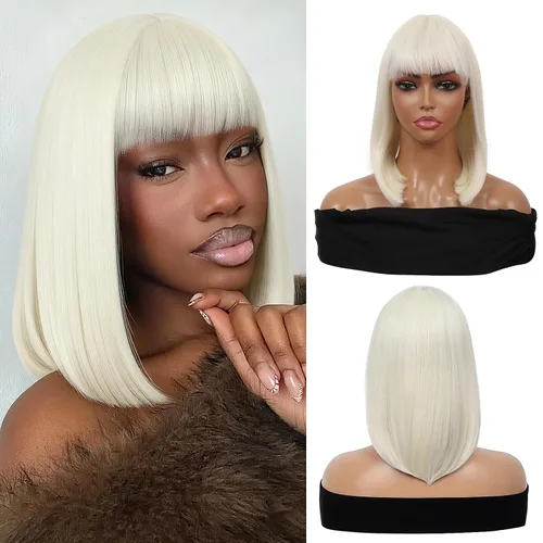 Miniatura 9 de Kalyss - Pelucas cortas de cabello negro con flequillo para mujer, peluca de cabello sintético completo, resistente al calor, peluca corta y recta