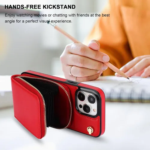 Miniatura 4 de KIHUWEY Funda tipo cartera cruzada para iPhone 15 Pro Max, funda con bolsillo con cremallera y soporte para tarjetas, funda protectora de piel Rojo