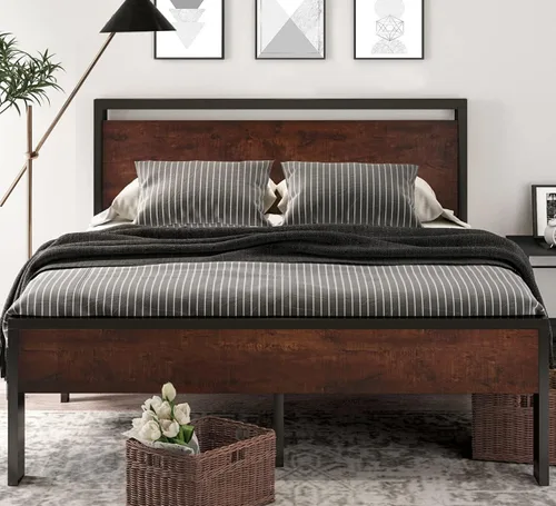 Miniatura 3 de SHA CERLIN Estructura de cama de plataforma de metal de 14 pulgadas tamaño Queen con cabecero y piecero de madera, base para colchón, no necesita