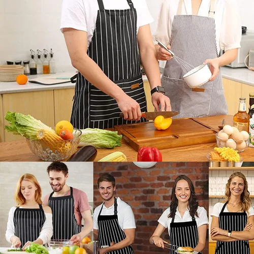 Miniatura 8 de RUIBOLU Delantal ajustable con 2 bolsillos, delantales de algodón para cocinar, para mujeres, hombres, chef restaurante, barbacoa, pintura Rayas