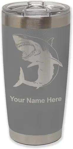 Miniatura 34 de LaserGram Vaso aislado al vacío de 20 onzas, gran tiburón blanco, grabado personalizado incluido (negro)