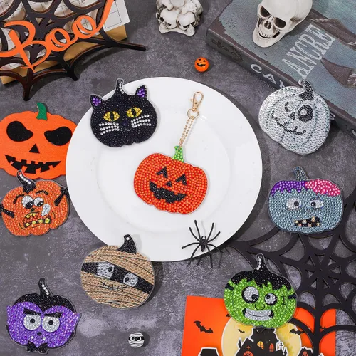 Miniatura 5 de Whaline Kit de llavero de dibujo de diamantes de Halloween, hecho a mano, caricatura, monstruo, vampiro, momia, gato, colgante de dibujo