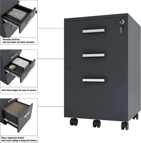 Miniatura 6 de Lazio Archivador de 26 pulgadas con cerradura, archivador para el hogar y la oficina, archivador de 3 cajones con ruedas para cartas de tamaño A4