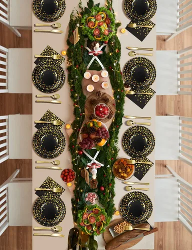 Miniatura 4 de Nkaiso 141 piezas de suministros para fiestas en negro y dorado, juegos de decoración desechables para fiestas que incluyen platos de papel