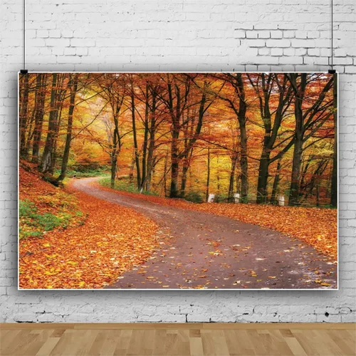 Miniatura 2 de Laeacco Telón de fondo de bosque otoñal de 10 x 8 pies, paisaje de otoño, hojas de arce, carretera, tema de otoño, baby shower, decoración de fiesta