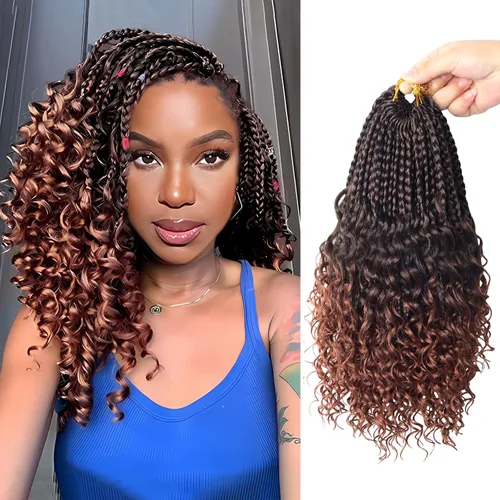 Miniatura 83 de Goddess Box Braids - Trenzas de cabello a ganchillo con extremos rizados, trenzas de caja bohemianas de 16 pulgadas, trenzas de ganchillo, 8 1B-4-30