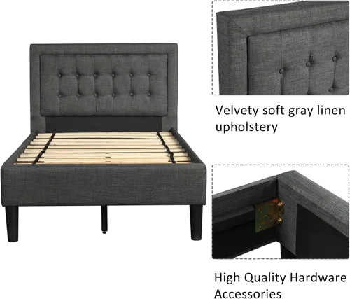 Miniatura 5 de Anwick Cama de plataforma tapizada con botones y soporte de listones de madera resistente (individual, gris)