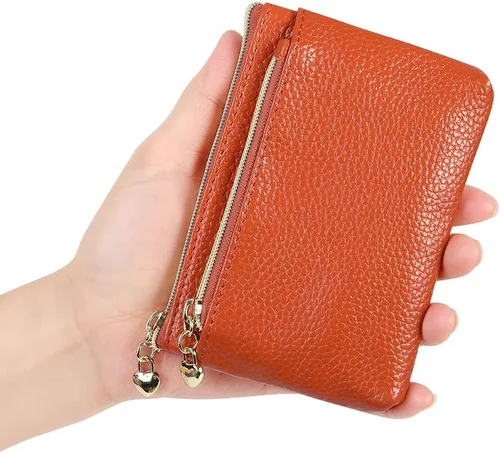 Miniatura 5 de Monedero de cuero genuino para mujer, con cremallera, tamaño de bolsillo, Marrón