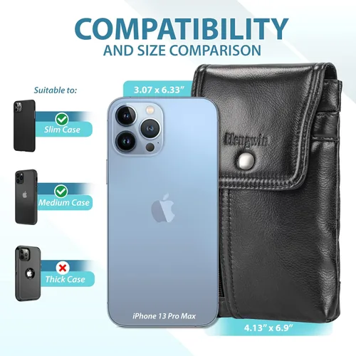 Miniatura 2 de Funda de cuero genuino para teléfono celular para cinturón, funda para cinturón para iPhone 17 Pro Max 16 Pro Max 15 Pro Max 14 Pro Max Samsung Negro