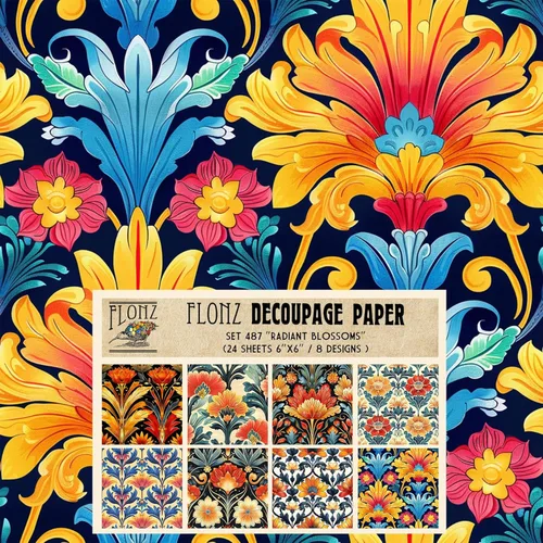 Miniatura 2 de Paquete de papel para decoupage (24 hojas 15x15 cm) Patrones florales monocromáticos FLONZ papel vintage para decoupage, manualidades y álbumes