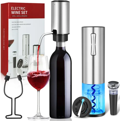 VIDYSUFYR Abridor de vino eléctrico con decantador eléctrico y aireador, abrebotellas de vino eléctrico recargable, accesorios de vino de acero