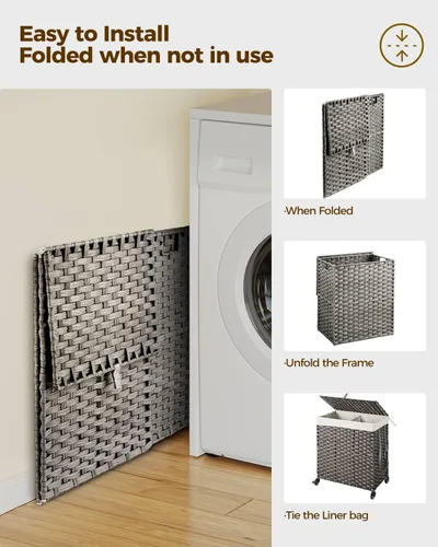 Miniatura 94 de GREENSTELL Cesta para ropa sucia con ruedas y tapa, 130 L, cesta grande de 3 secciones con 2 tipos de bolsas de forro extraíbles, 5 bolsas de malla