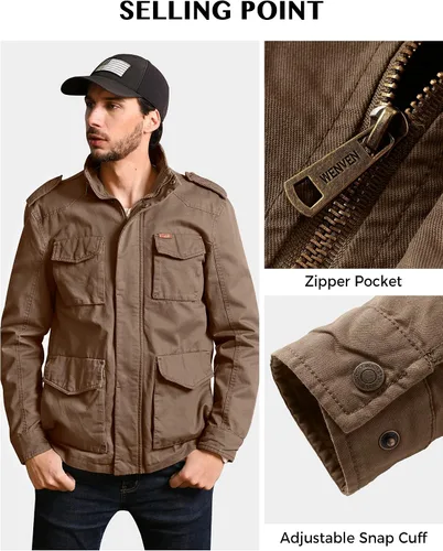 Miniatura 6 de WenVen Chaqueta ligera de estilo militar para hombre, rompevientos de algodón de sarga