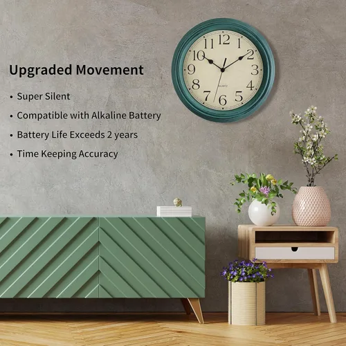 Miniatura 3 de Foxtop Reloj clásico redondo retro silencioso de 12 pulgadas, de cuarzo, decorativo, funciona con pilas, para sala de estar, cocina, oficina en casa