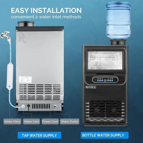 Miniatura 4 de ROVSUN Máquina de hielo comercial 70LBS/24H con 2 entradas de agua, máquina de hielo de acero inoxidable para encimera e independiente para Negro