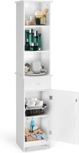 MAT EXPERT Armario alto de baño, armario de almacenamiento independiente con estante y cajón de 3 niveles, torre estrecha de lino para baño,