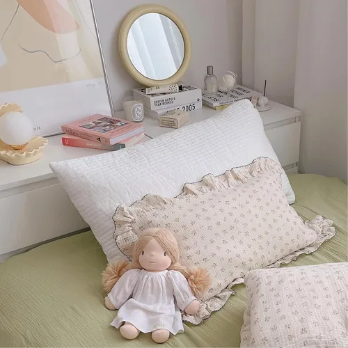 Miniatura 3 de BuLuTu Funda de almohada de muselina de algodón para niños pequeños, diseño de brotes, funda de almohada Shabby Chic con borde de volantes, funda