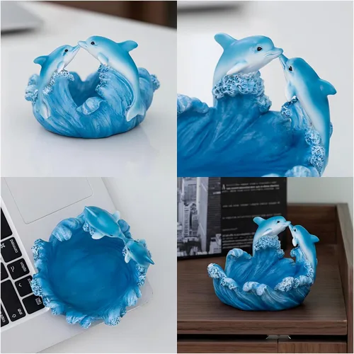 Miniatura 4 de Estatua de resina de delfín con base ondulada, decoración de mesa auxiliar, pequeña decoración de escritorio para estante de oficina en casa, mini