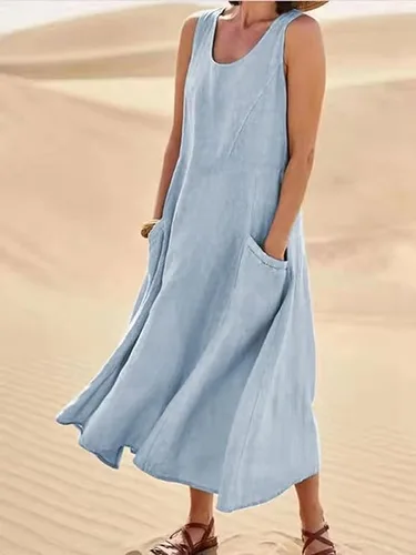 Miniatura 2 de Vestido de lino para mujer, sin mangas, liso, casual, holgado, maxi vestidos con bolsillos