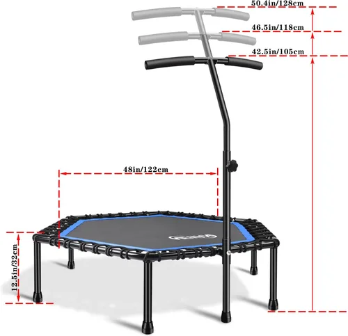 Miniatura 7 de Newan Trampolín de fitness de 48 pulgadas con barra de mango ajustable, trampolín silencioso, bungee rebote, entrenamiento cardiovascular, Azul