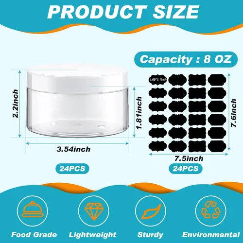 Miniatura 3 de Dandat 24 piezas 8 oz tarro de plástico con tapa y etiqueta recargable, contenedor redondo transparente vacío con muestras cosméticas PET blancas