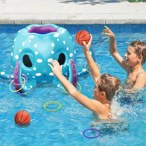Miniatura 6 de iPlay, iLearn Juguetes de piscina de pulpo para niños, juego inflable 2 en 1 para piscina, juego de aro de baloncesto y lanzamiento de anillo, juego