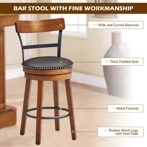 Miniatura 6 de COSTWAY Juego de 2 taburetes de bar, taburetes giratorios de 360 grados con asiento acolchado de cuero, respaldo de escalera de un solo listón