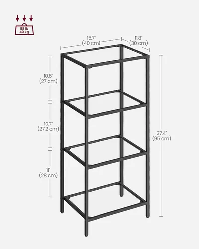 Miniatura 3 de VASAGLE - Librero, estantería de 4 niveles, estantería delgada para dormitorio, baño, oficina en casa, vidrio templado, marco de acero, negro mate