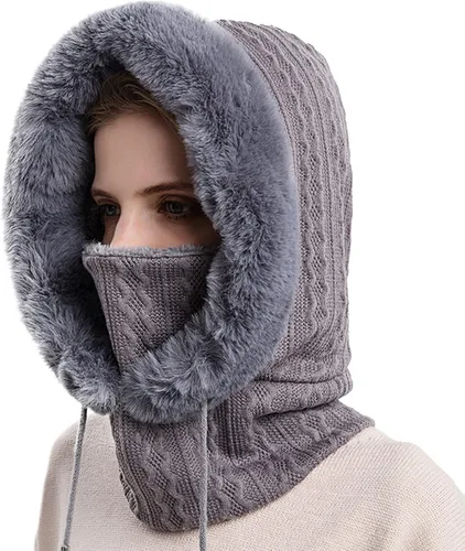 Miniatura 7 de Gorro de forro polar holgado de una pieza para mujer, bufanda con capucha, pasamontañas, cálido invierno, resistente al viento, con cordón