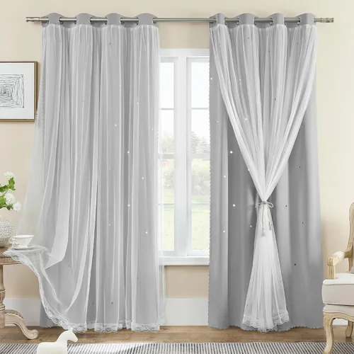 Miniatura 58 de XiDi Cortinas opacas con estrellas para habitaciones de niños, cortinas verdes para ventana de dormitorio de niños, azul y gris, 52 pulgadas de Azul